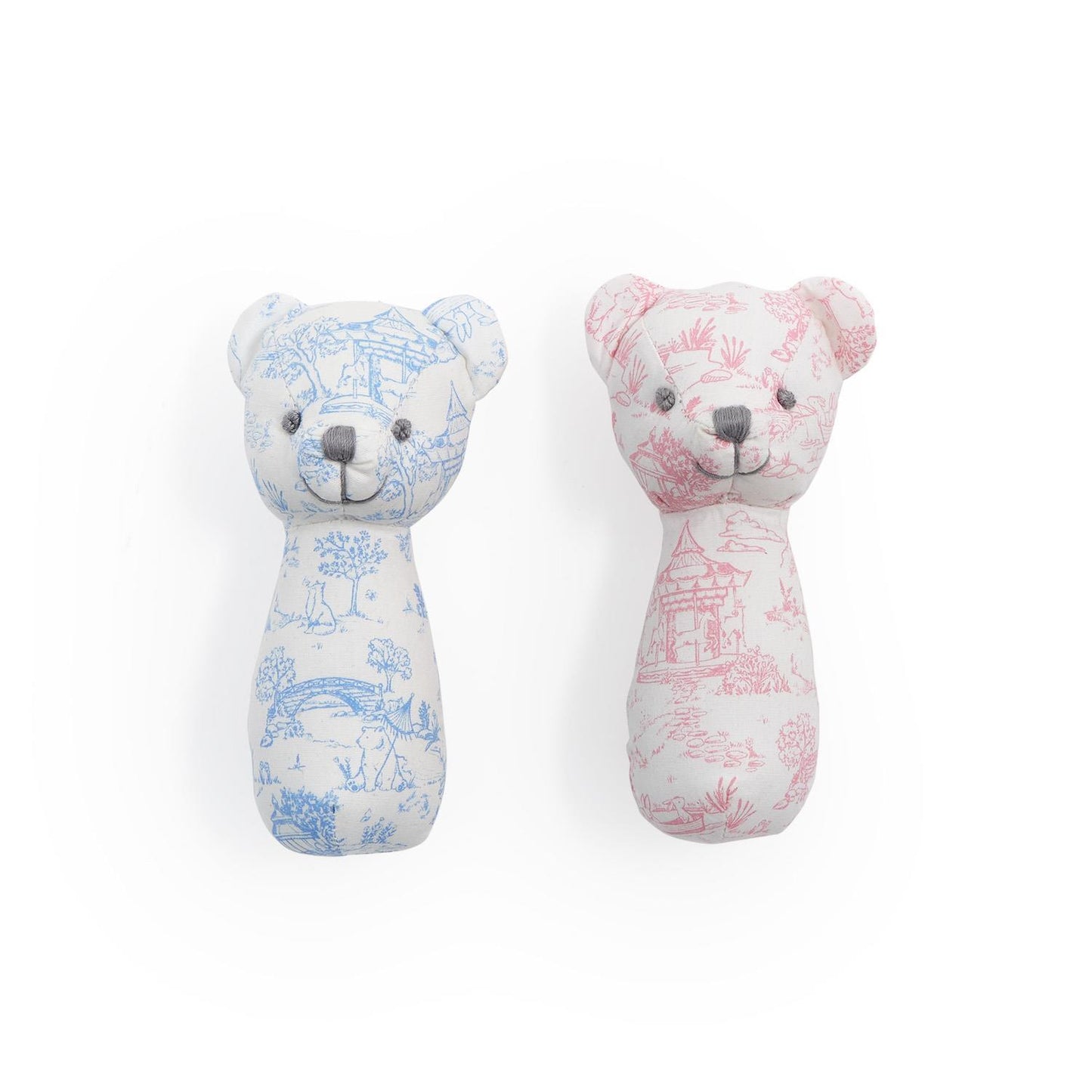 Blue and pink animal toile teddy bear rattles, available in small and large sizes.
