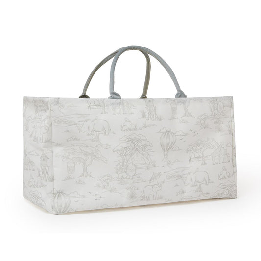 Rectangular tote with two gray handles, light surface, safari animal designs. Available in multiple sizes.