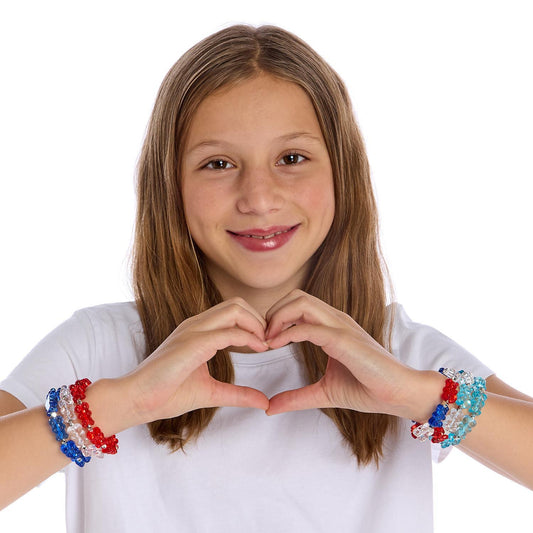 Gummy Bears & Stars Elastic Bracelets in red, white, and blue. Available sizes: small, medium, large.