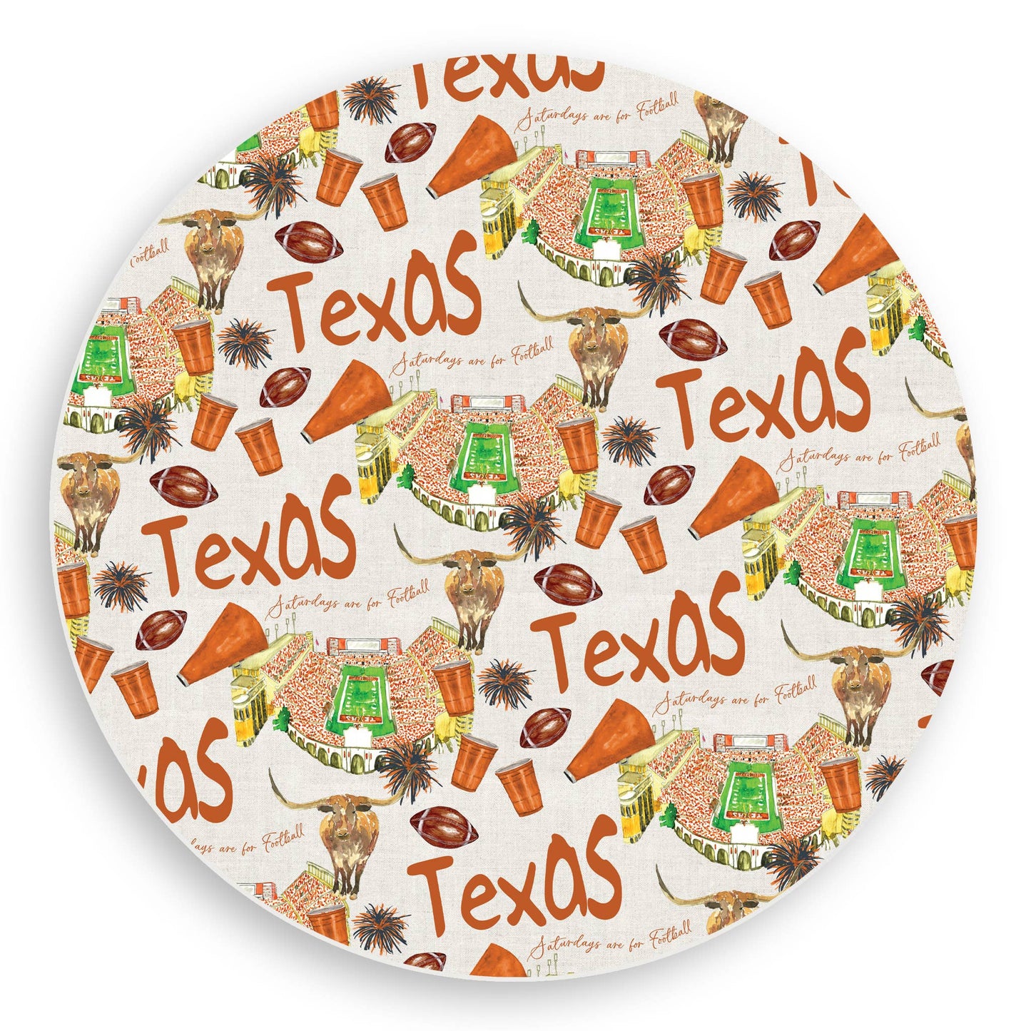 Texas Football Pattern Vinyl Placemat with orange, green, and brown motifs; available in multiple sizes.