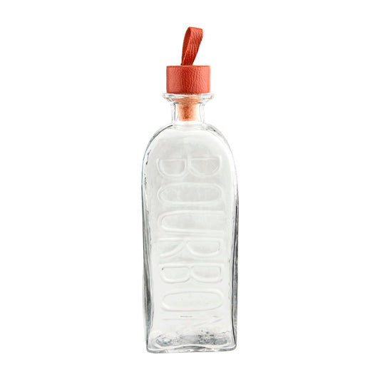 Embossed Glass Decanter with "BOURBON" vertically embossed. Features an orange leather strap on the cork stopper. Ideal as a decorative piece. Sizes available: 750ml, 1000ml.