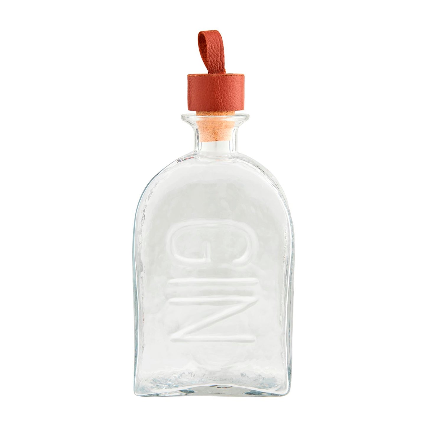 The Embossed Glass Decanters are clear glass bottles with "GIN" embossed on the front. They feature a wooden stopper and a brown leather loop. Available in 750ml size.