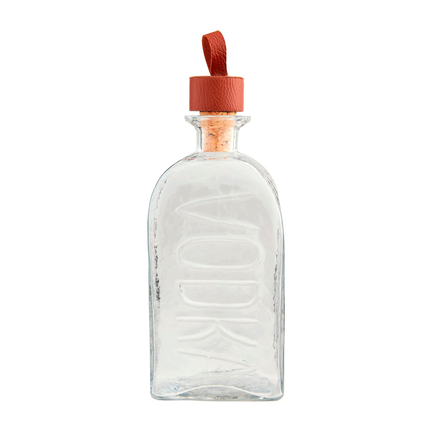 The Embossed Glass Decanter is a clear glass bottle with "VODKA" elegantly embossed on the front. Crafted from high-quality glass, it has a rectangular shape with rounded edges and a cork stopper adorned with a brown leather strap. Available in one size: 750ml.