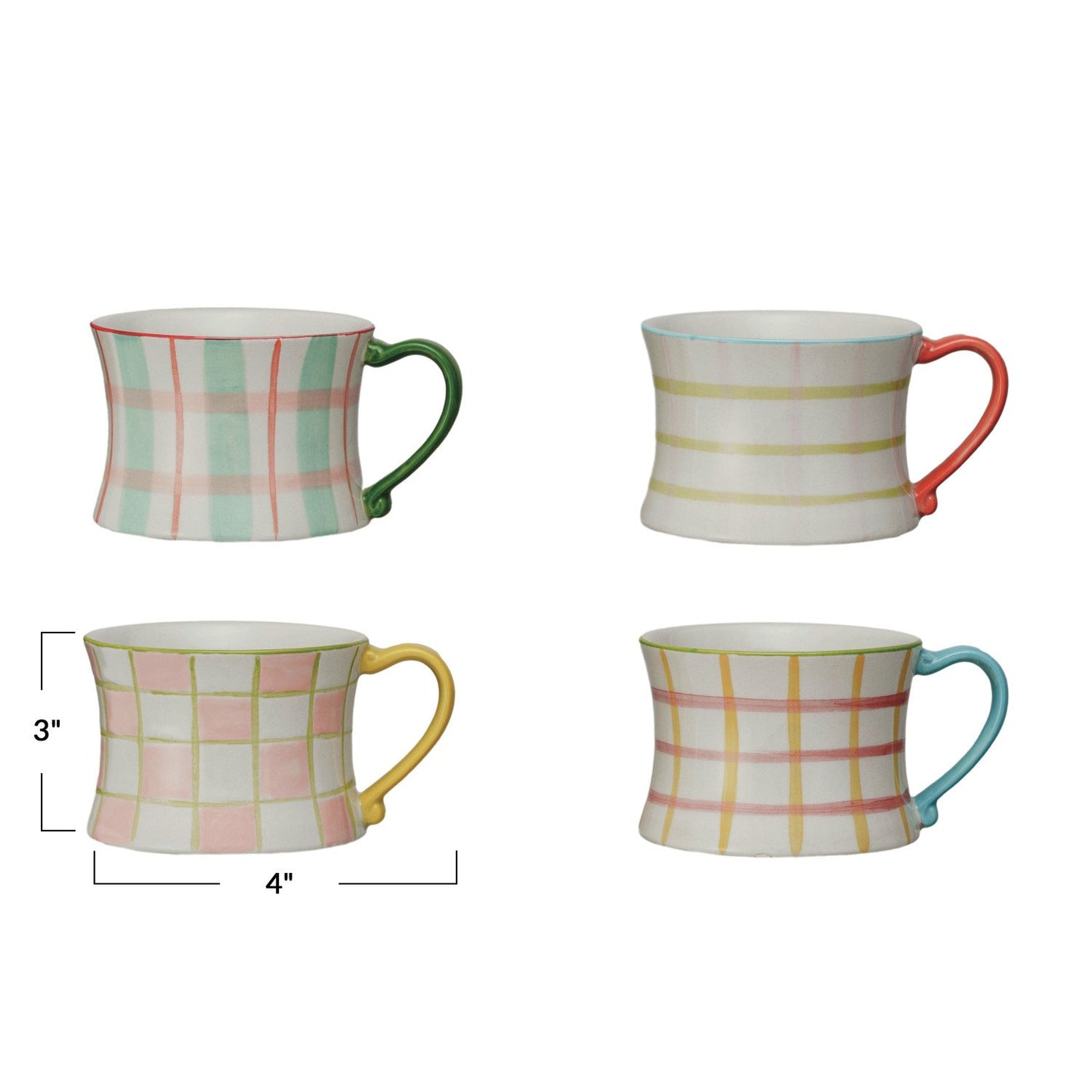 8 oz hand-painted stoneware mug with plaid pastel patterns, unique handle in green, coral, yellow, or blue; 3" tall x 4" wide.