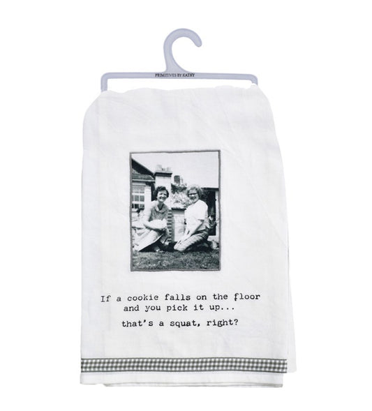 Cotton kitchen towel on plastic hanger with vintage photo and funny quote. Sizes available: standard and large.