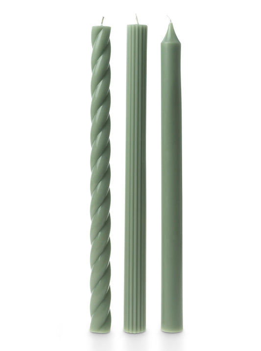 Three green tapers—spiral, ridged, and smooth—unfragranced, assorted 3-pack. Sizes available upon request.