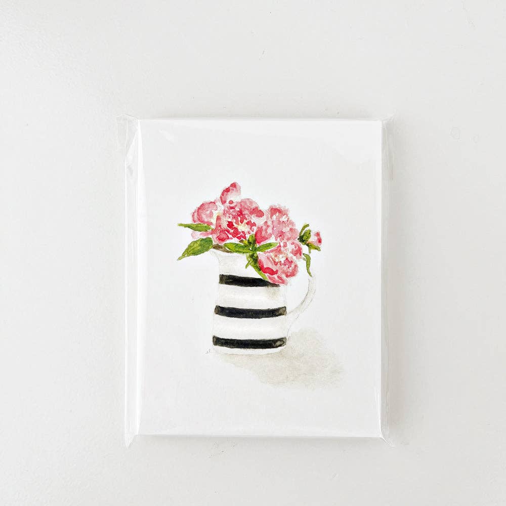 Assorted Flower Notecards, set of 8, with pink flowers and green leaves in a striped mug. Sizes available.