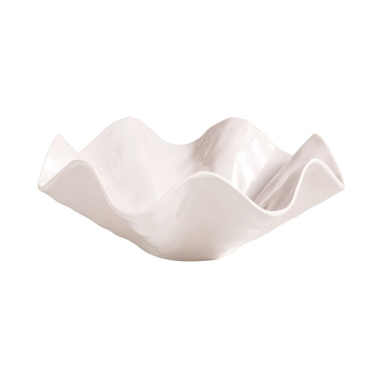Glossy, shatterproof melamine serving bowl with a wavy ruffle edge. Available in 10" and 13" diameters.