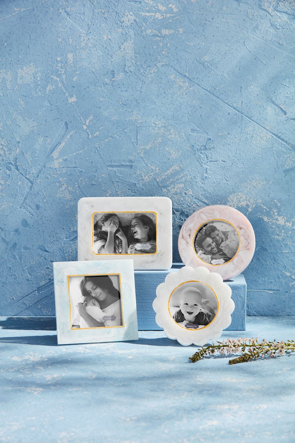 Set of photo frames with gold accents, each unique in shape and size. Sizes available: small resin frame included.