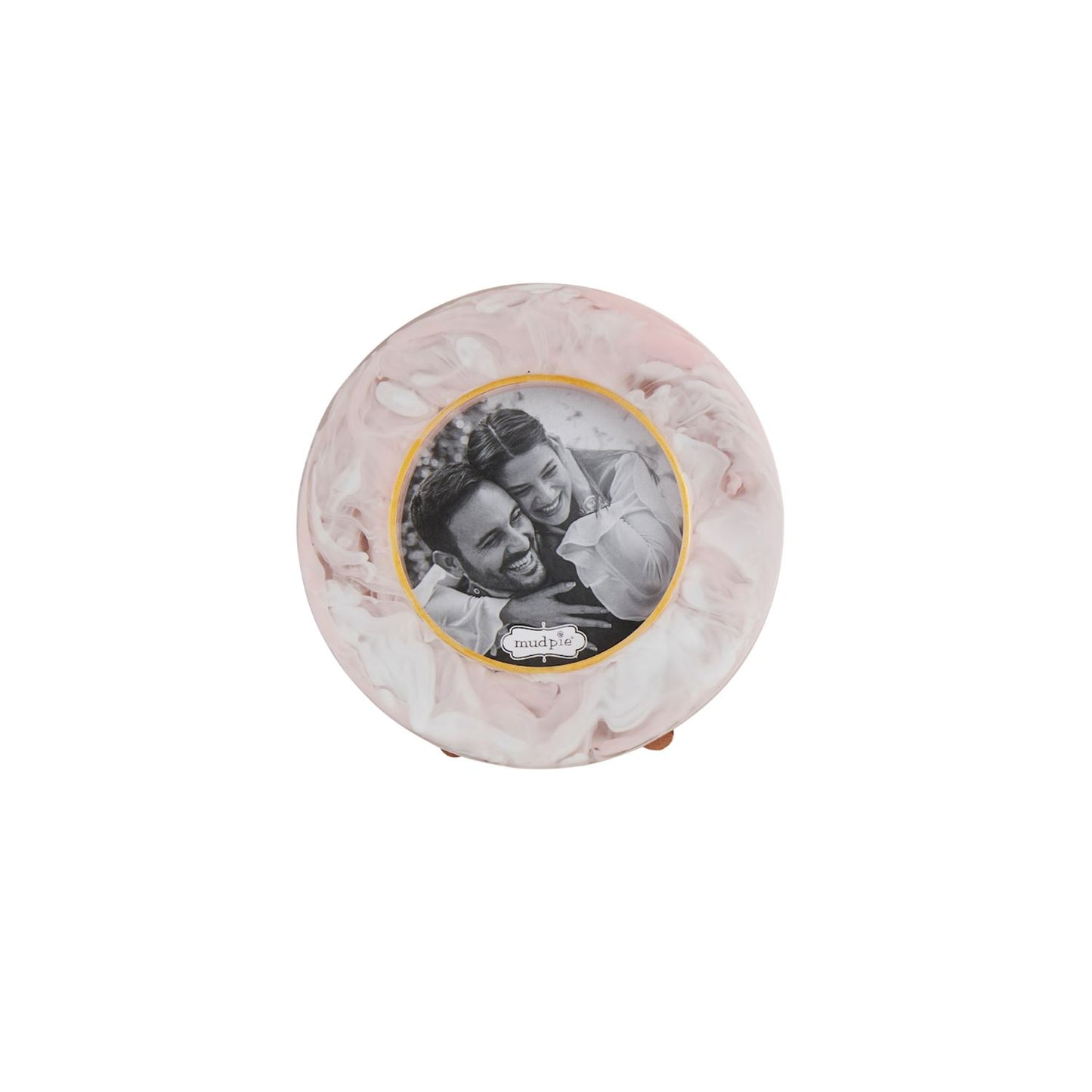 The Small Resin Frame features a round, marbled light pink and white design. Sizes available: Small.