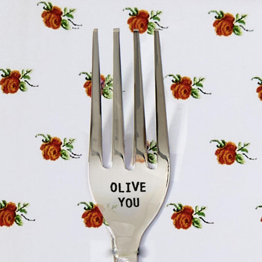 Engraved Dinner Fork by Boyar Gifts NYC with "OLIVE YOU" on handle. Size: standard dinner fork.