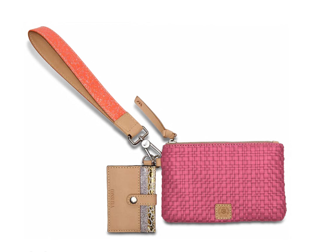 Pink woven leather wristlet wallet with tan and orange strap, silver glitter accents. Available in small and medium sizes.