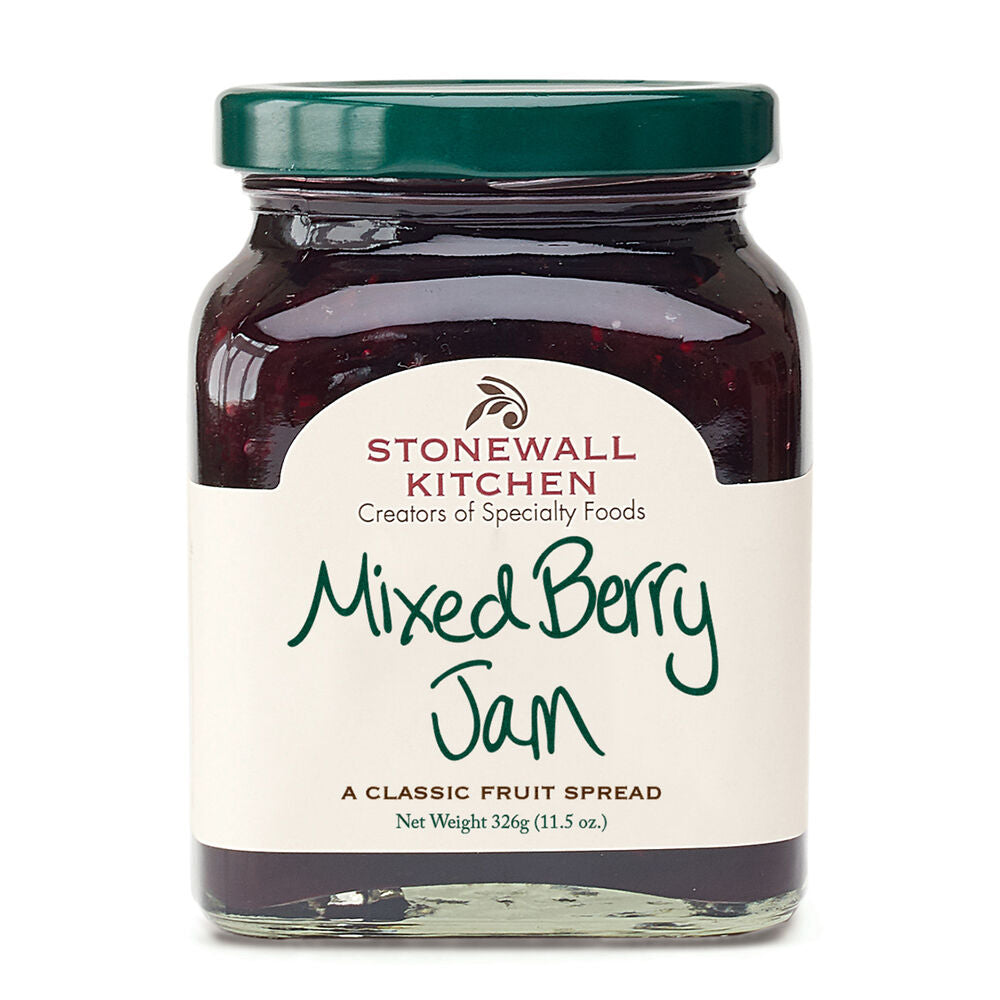 Stonewall Kitchen Mixed Berry Jam, 11.05oz glass jar, white label, black lid. Deep purple jam with mixed berry flavors.