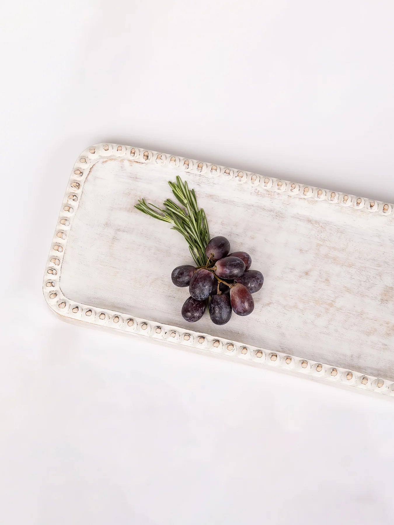 Beaded Edge White Rectangle Tray with beaded detailing, available in small and large sizes.