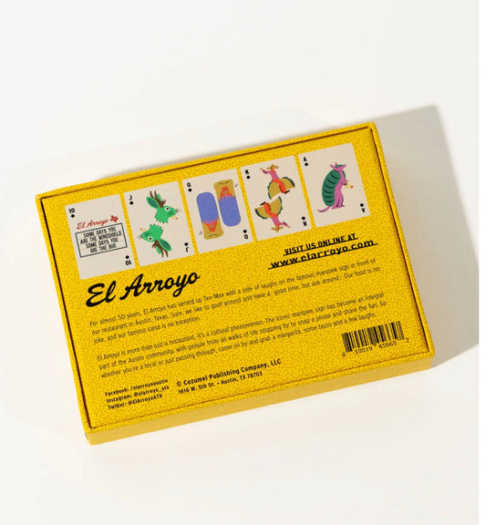 Yellow El Arroyo Playing Cards box with five whimsical cards, family-friendly text. Available in standard poker size.
