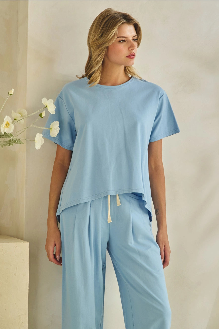 Effortless Blue Lounge Set: relaxed short-sleeve tee and drawstring pants. Available in sizes XS-XL.