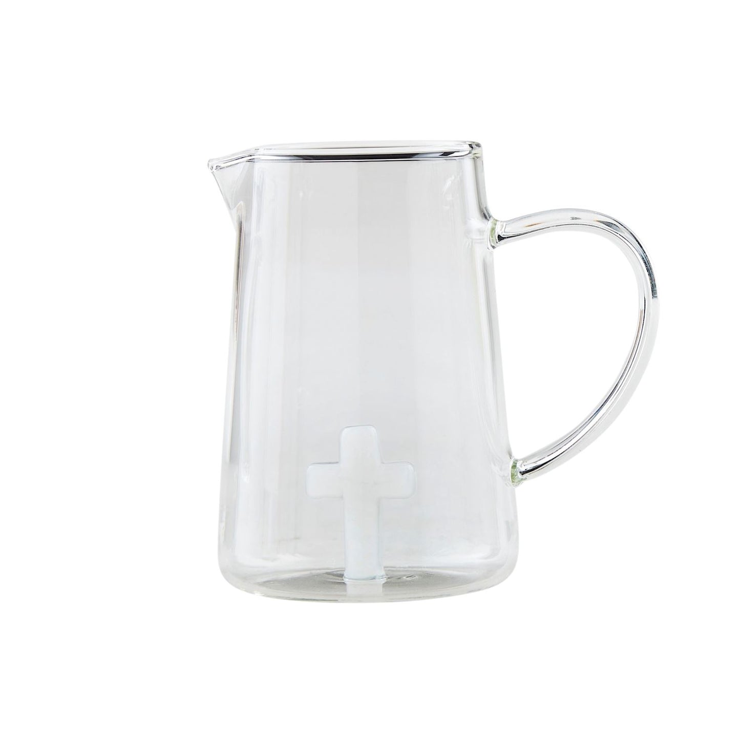 Clear glass pitcher-style vase with handle, spout, and frosted white cross design. Available in 6" and 8" sizes.