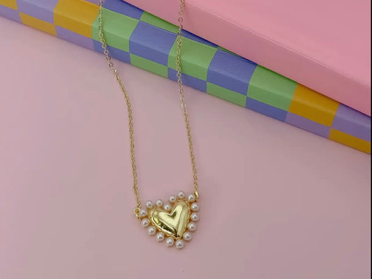 Love Gold Necklace: gold heart pendant with small pearls. Available in 16", 18", and 20" chain lengths.