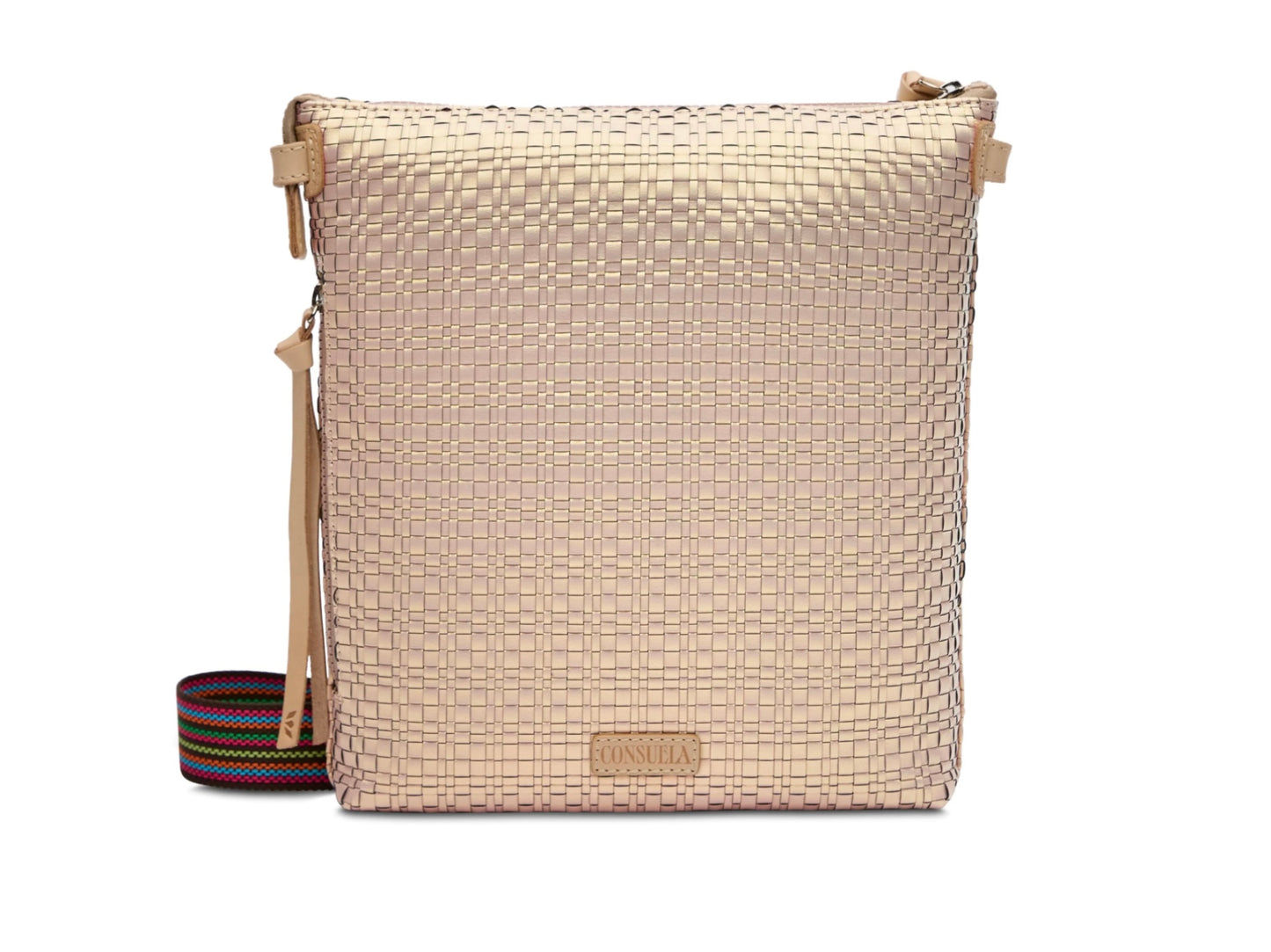 Beige, rectangular woven crossbody with textured exterior, top zipper, colorful strap, leather Consuela patch. Sizes: S, M, L.