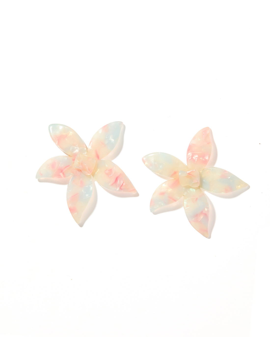 Oversized, translucent flower earrings with pastel marbled petals, stainless steel studs. Sizes available: one size.