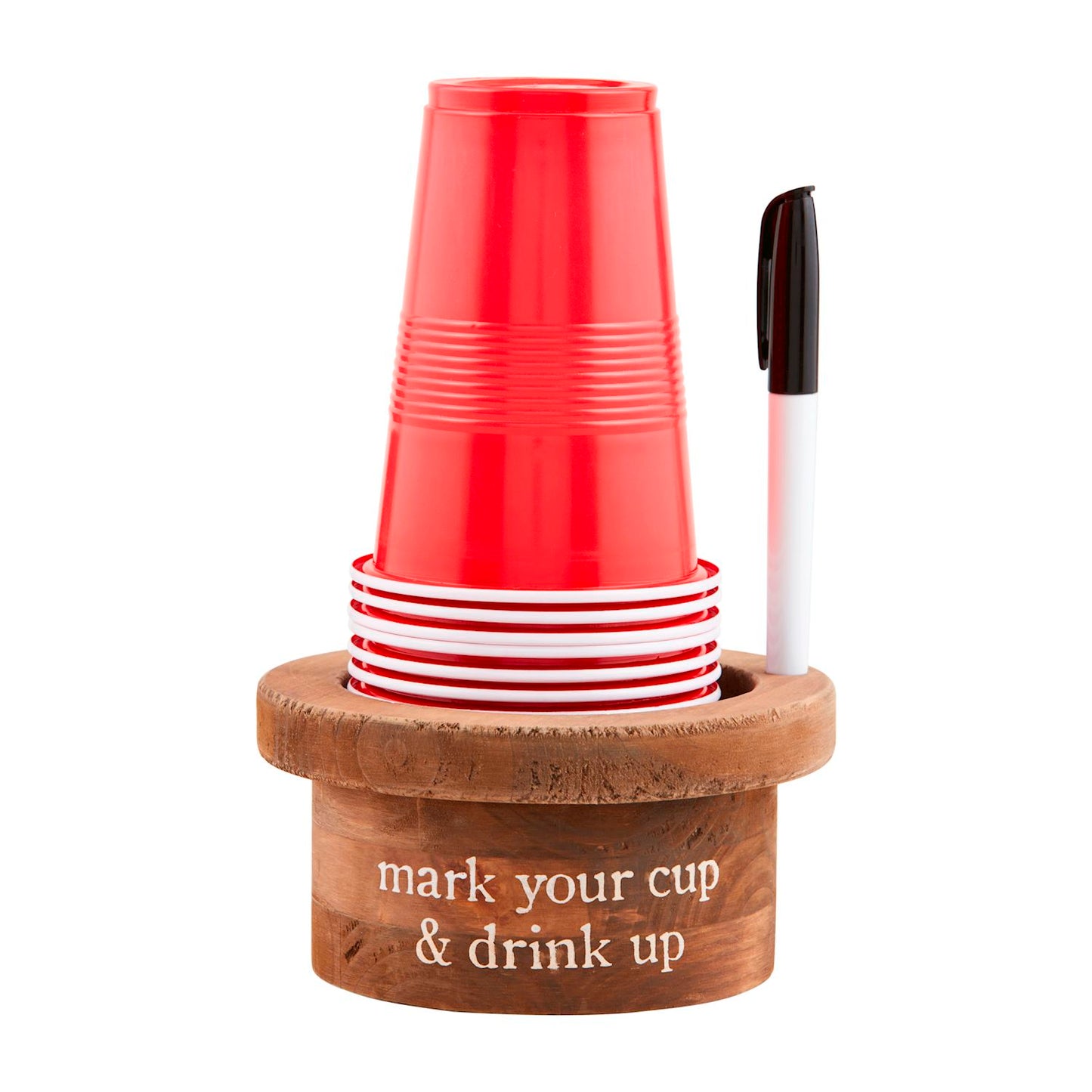 Set with red plastic party cups, black marker, wooden holder reading "mark your cup & drink up." Sizes available.