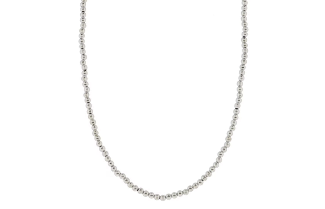 18K white gold plated necklace with evenly spaced medium ball beads. Available sizes: 16", 18", 20".