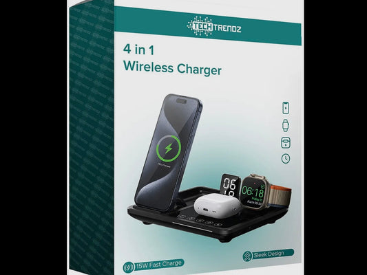 4-In-1 Wireless Charger box shows charger with 15W fast charge, sleek design, Apple Watch compatibility. Sizes: standard.