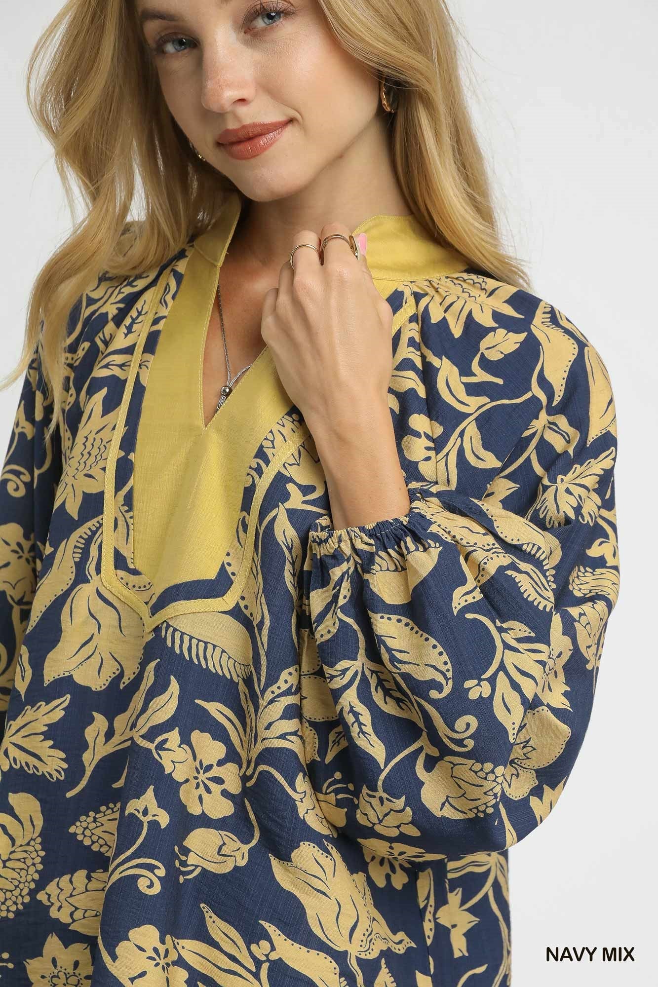 Navy Mix Two Tone Floral Print Top