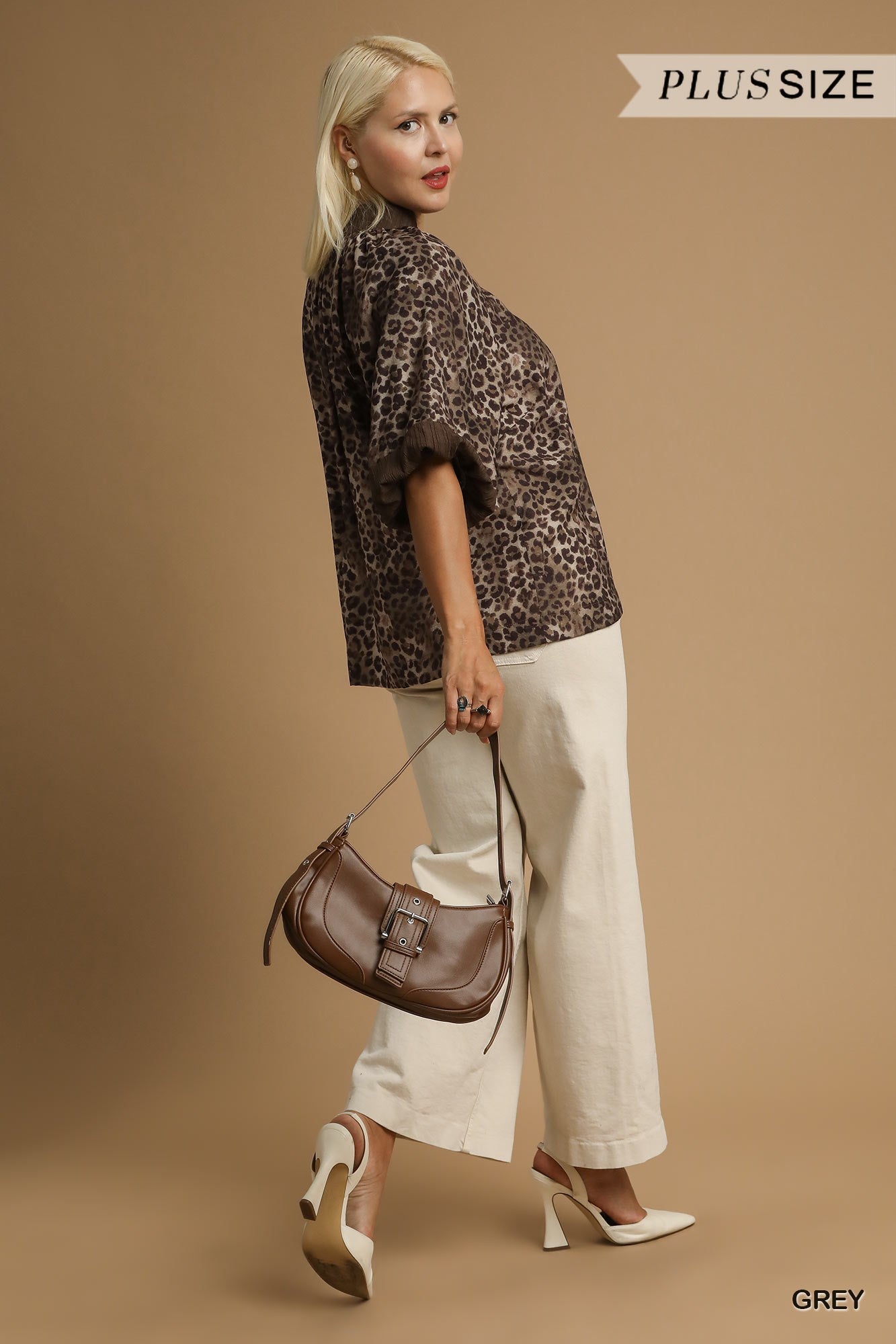 Leopard Print Pleated Sleeve Blouse