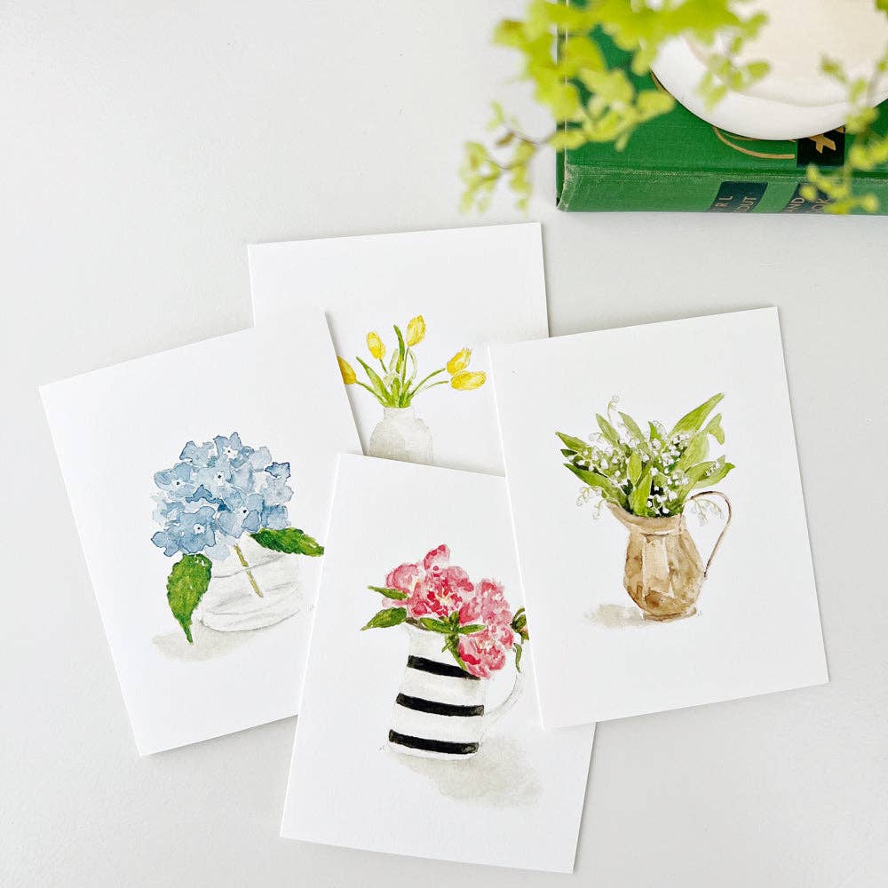 Set of 8 assorted notecards with floral vase designs. Available sizes: standard card size.