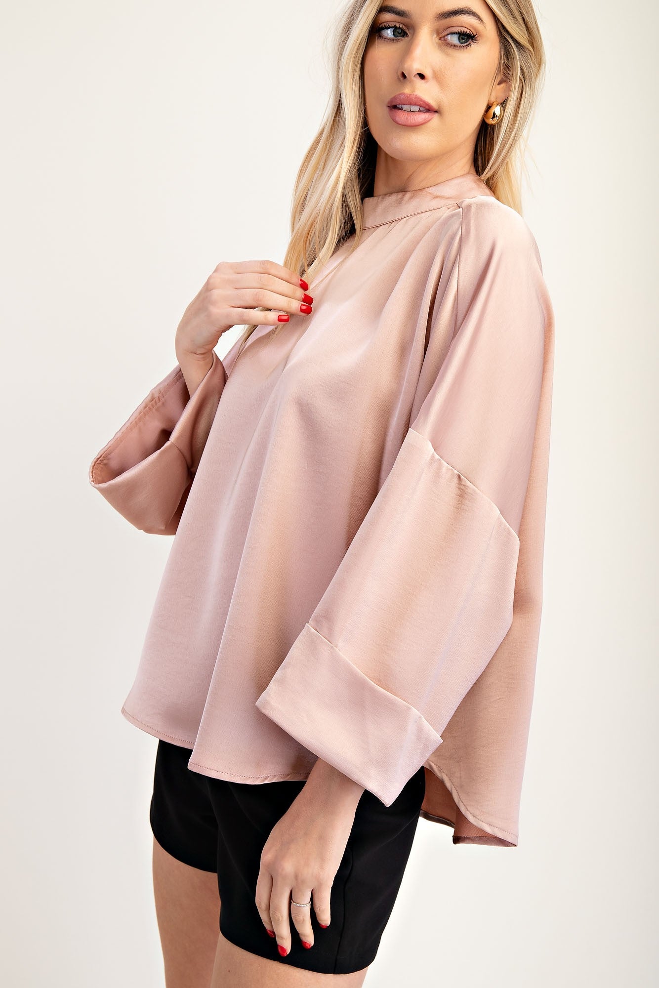 Light pink High Neck Wide Sleeve Top. Available in sizes XS-XL.