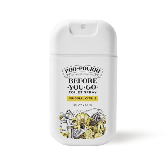 Poo-Pourri: Original Citrus Pocket Sprayer, 1 oz, compact white bottle with black-yellow label, essential oils.