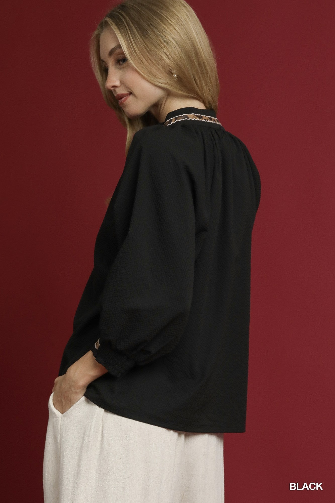 Animal Print Trim Puff Sleeve Top