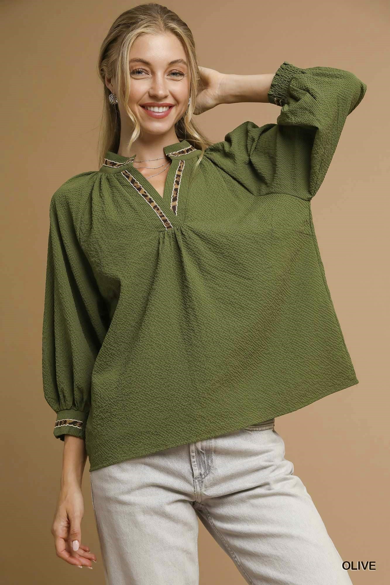 Animal Print Trim Puff Sleeve Top