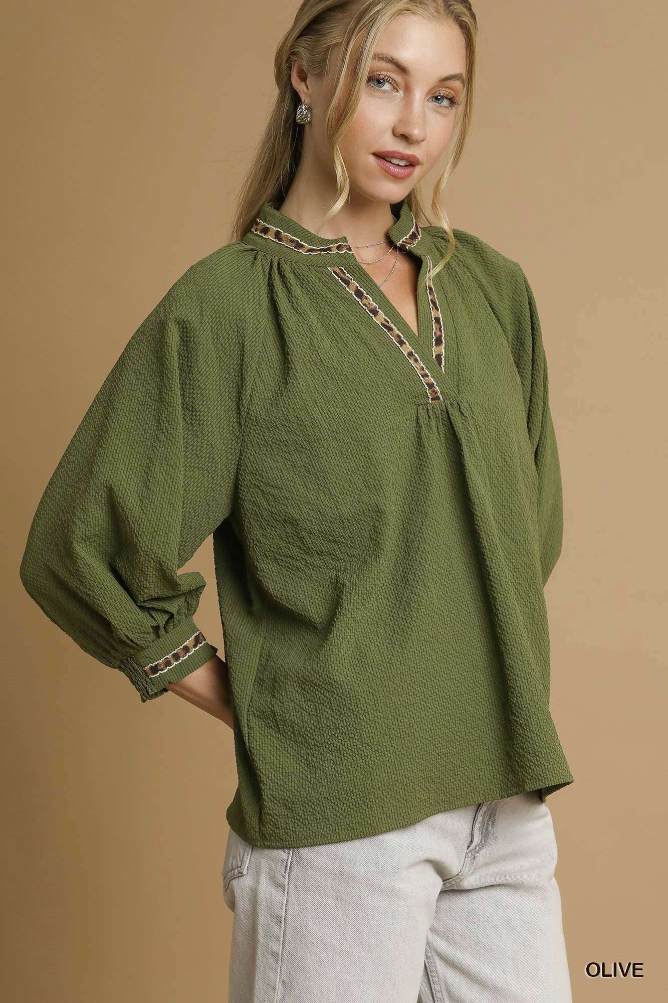 Animal Print Trim Puff Sleeve Top