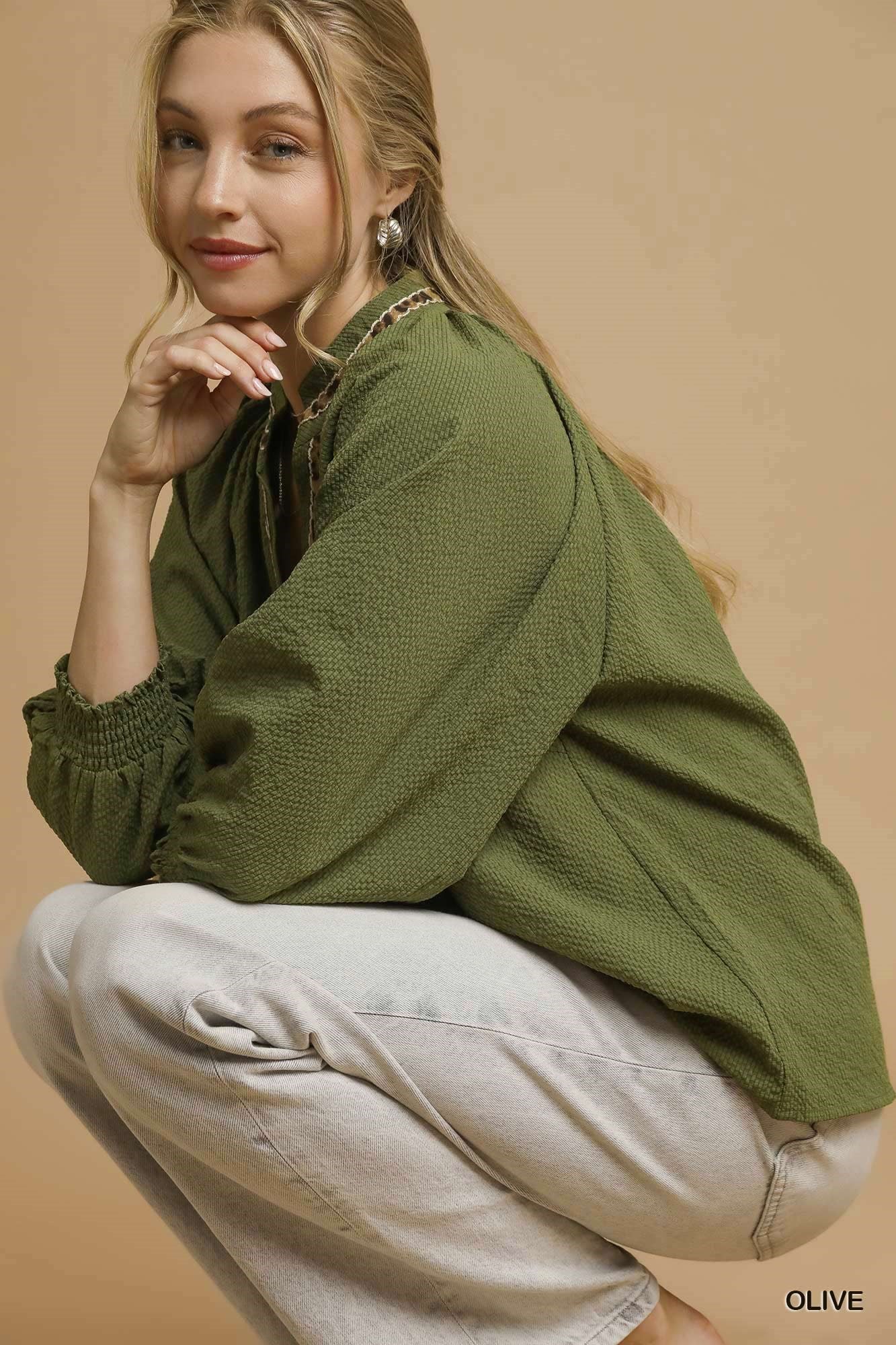 Animal Print Trim Puff Sleeve Top