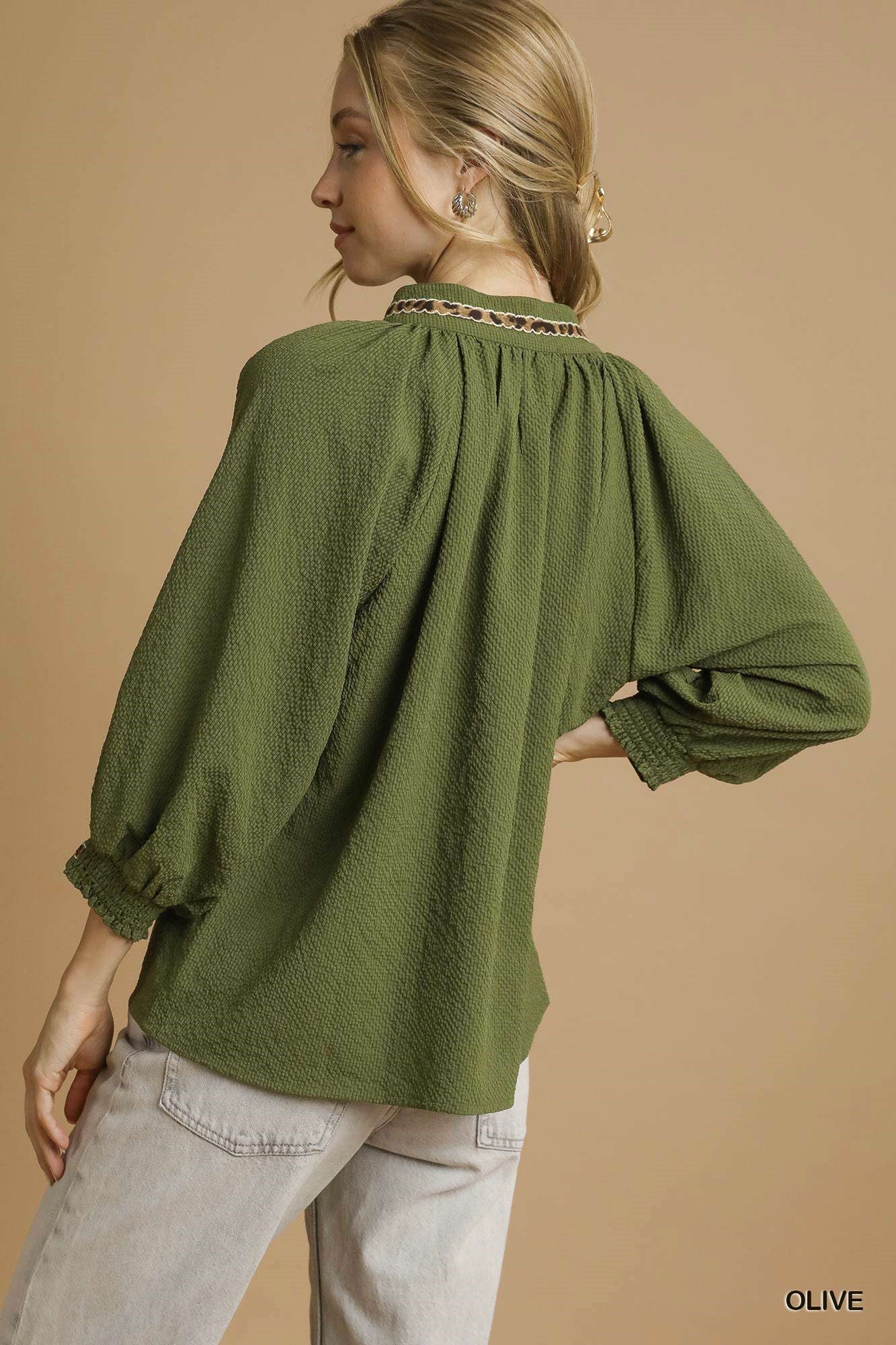 Animal Print Trim Puff Sleeve Top