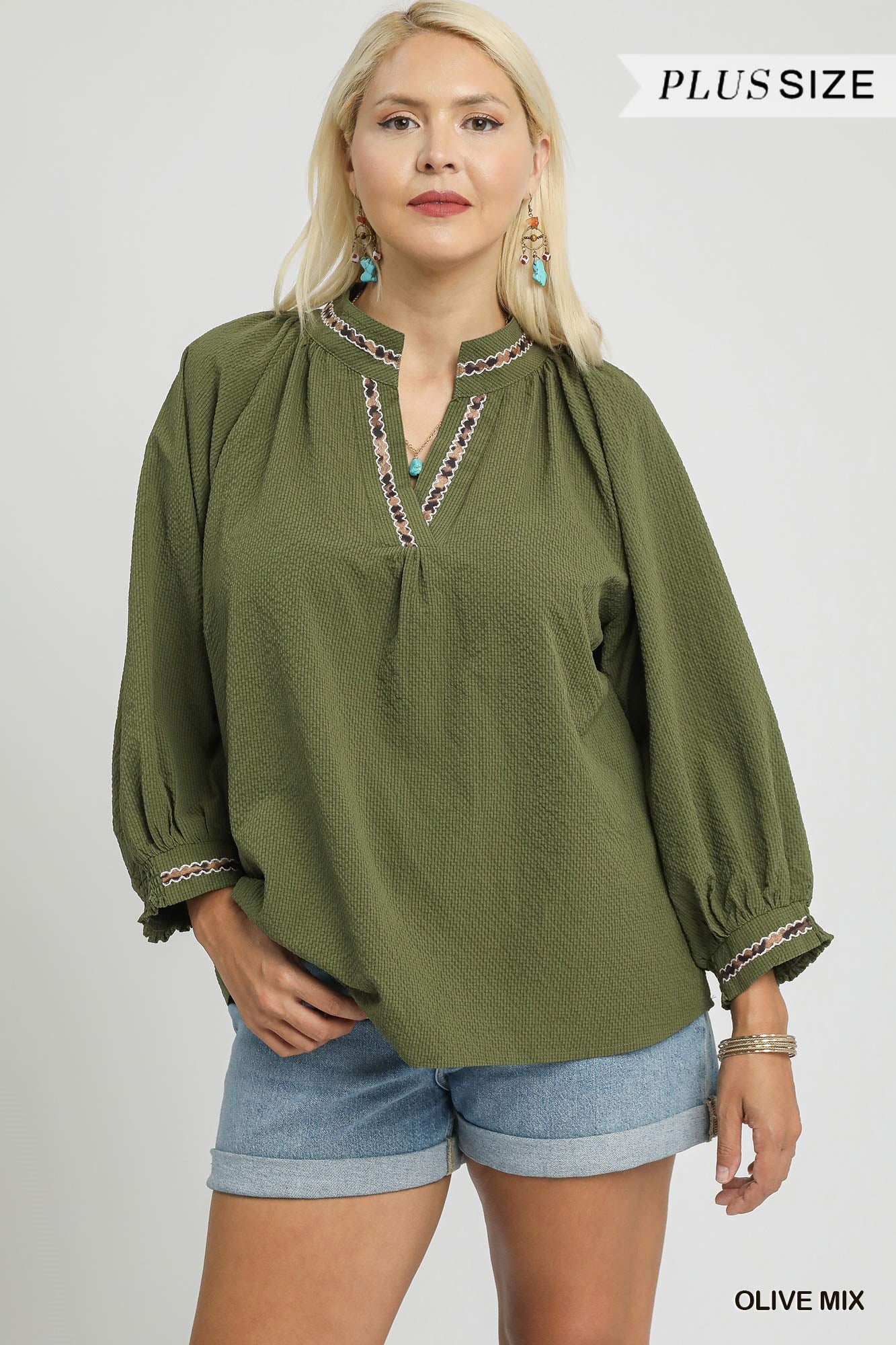 Animal Print Trim Puff Sleeve Top