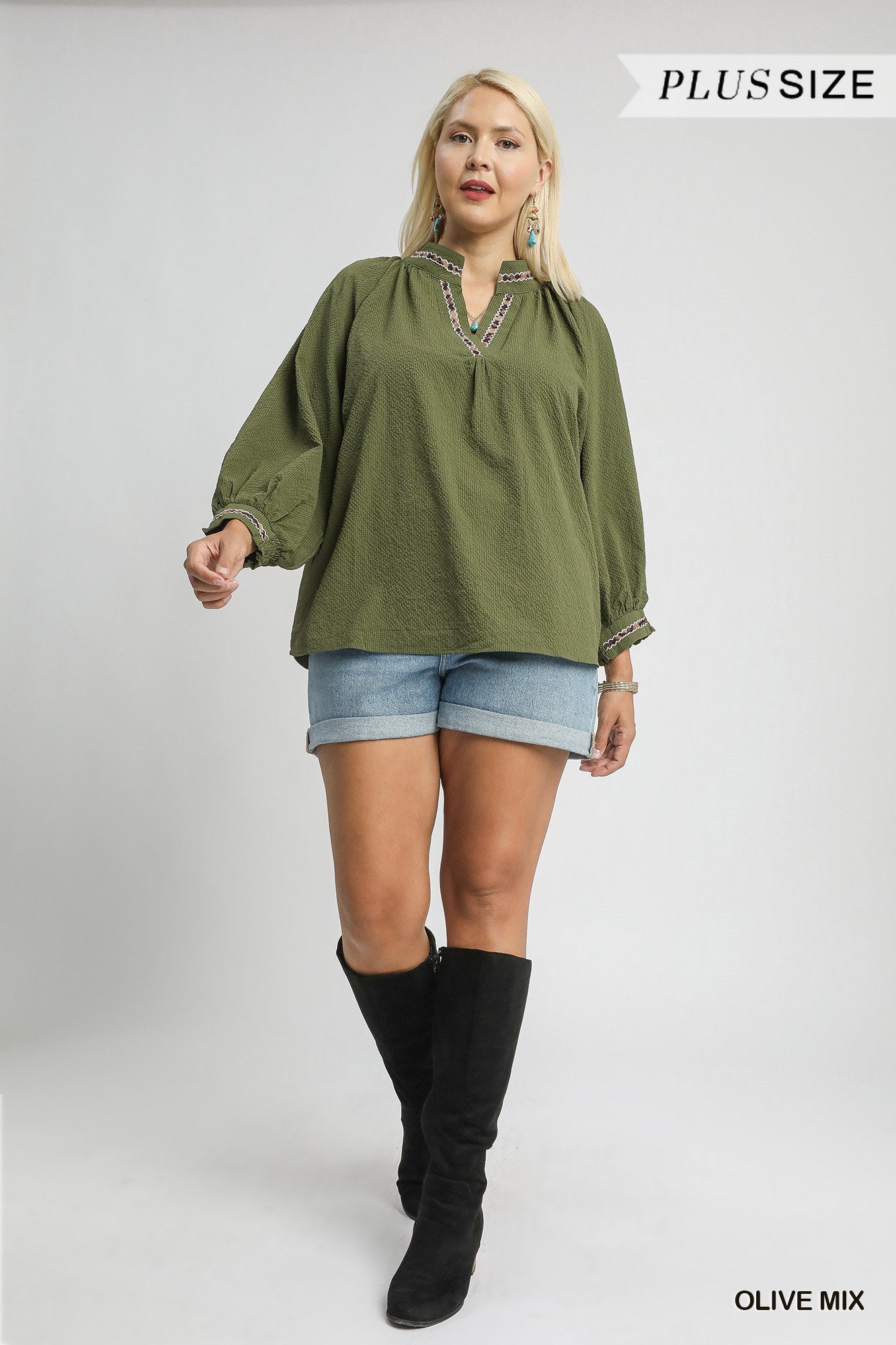 Animal Print Trim Puff Sleeve Top