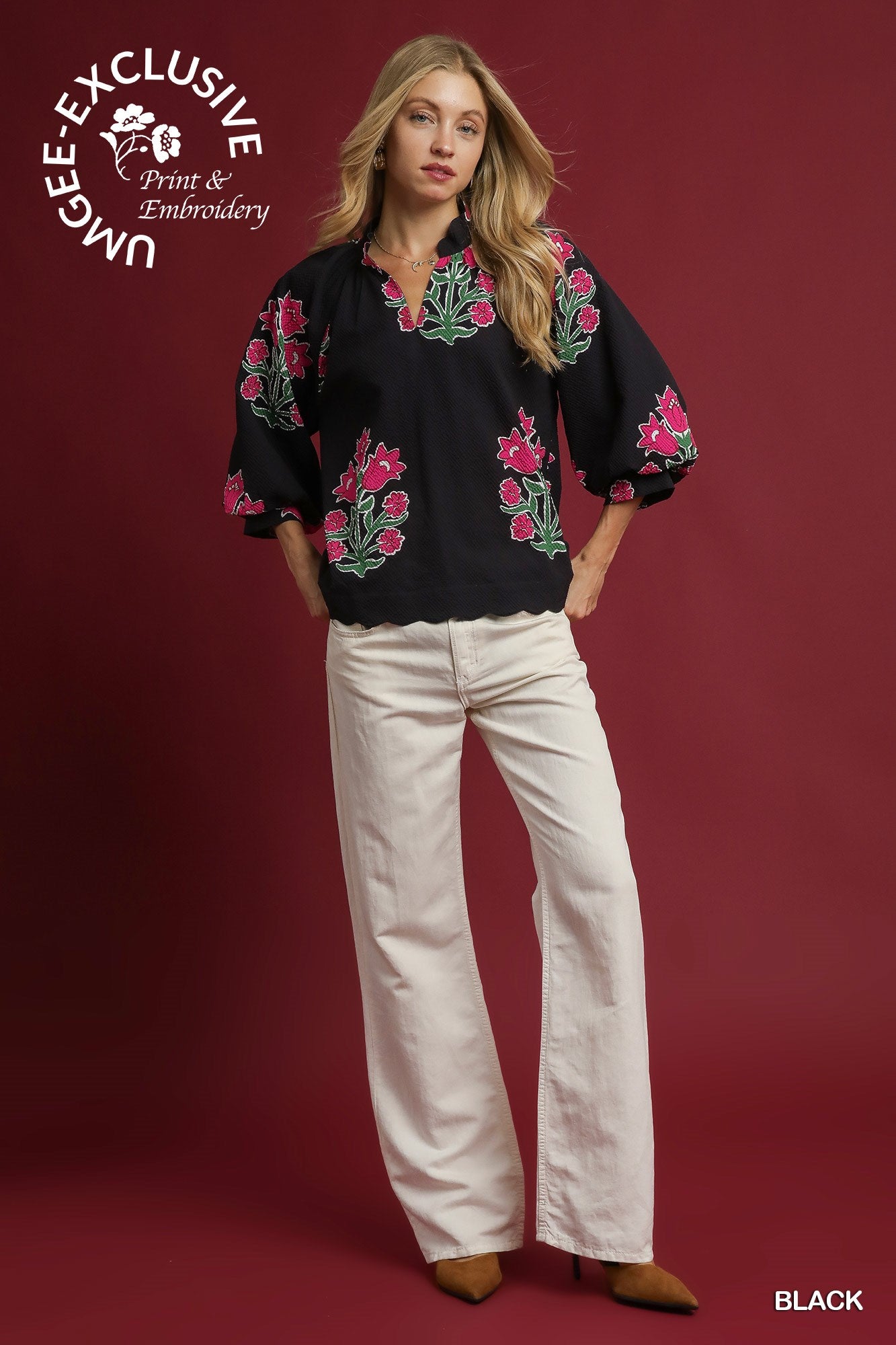 Tulip Print Bubble Sleeve Top