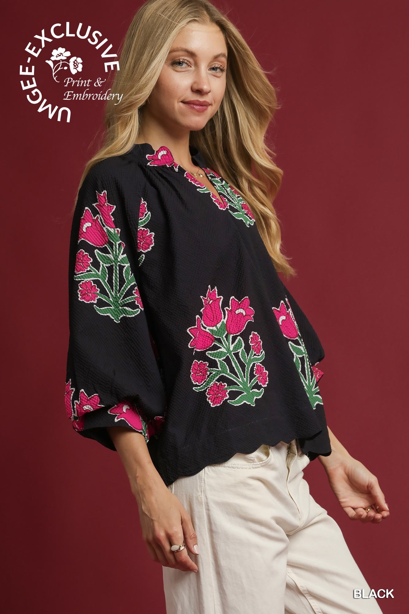 Tulip Print Bubble Sleeve Top