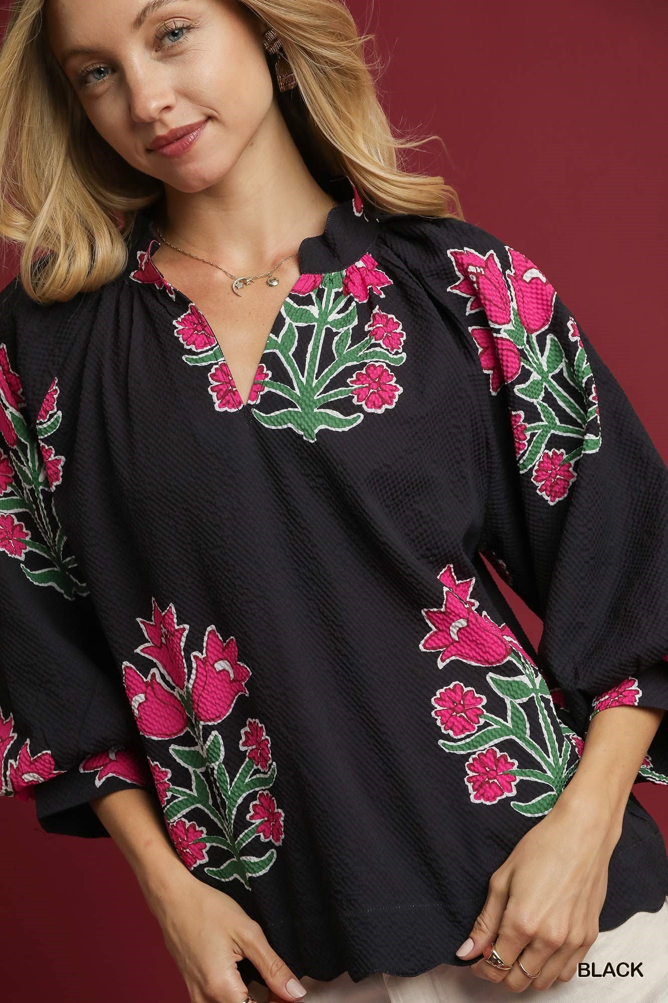 Tulip Print Bubble Sleeve Top