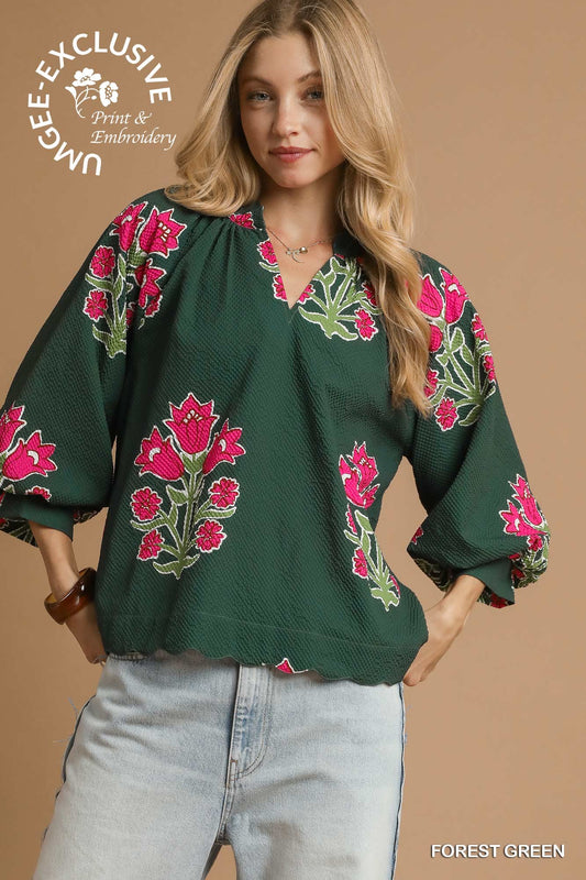 Tulip Print Bubble Sleeve Top