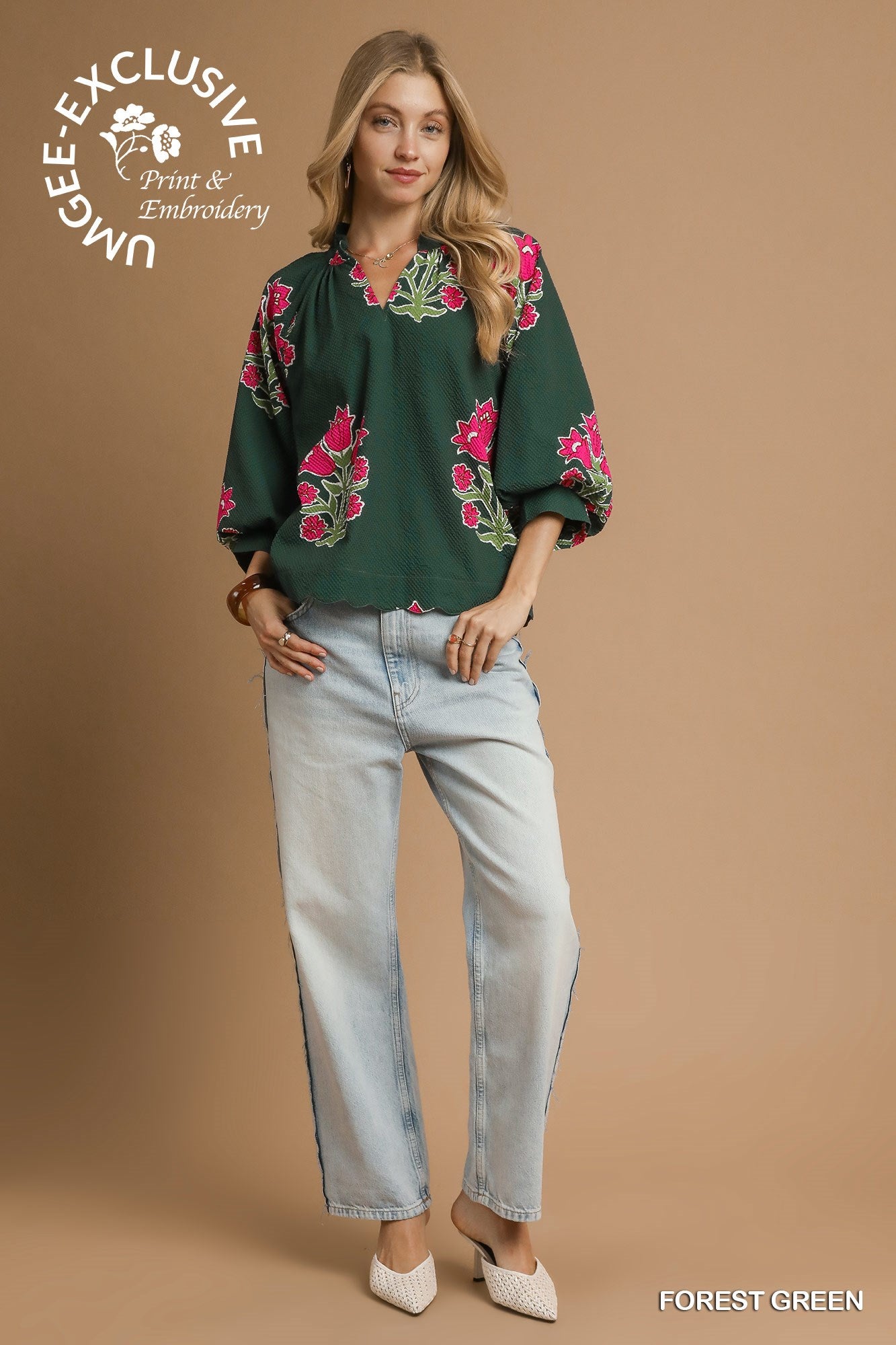 Tulip Print Bubble Sleeve Top