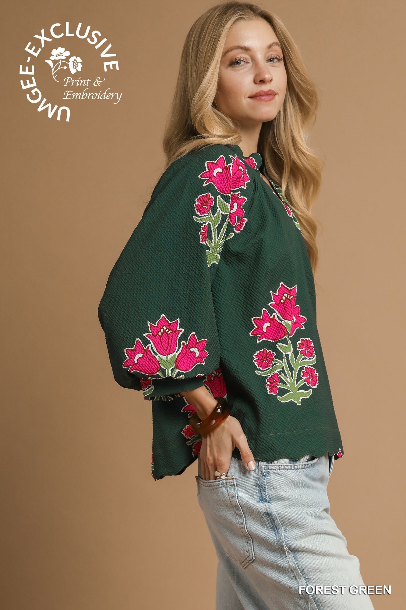 Tulip Print Bubble Sleeve Top