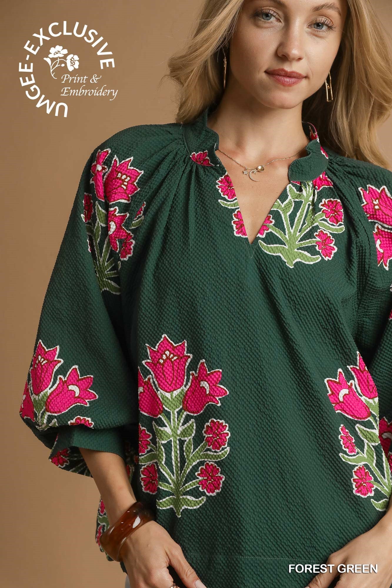 Tulip Print Bubble Sleeve Top