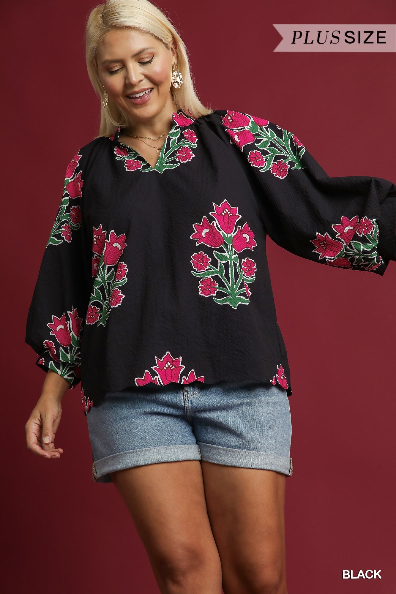 Bubble Sleeve Tulip Print Top