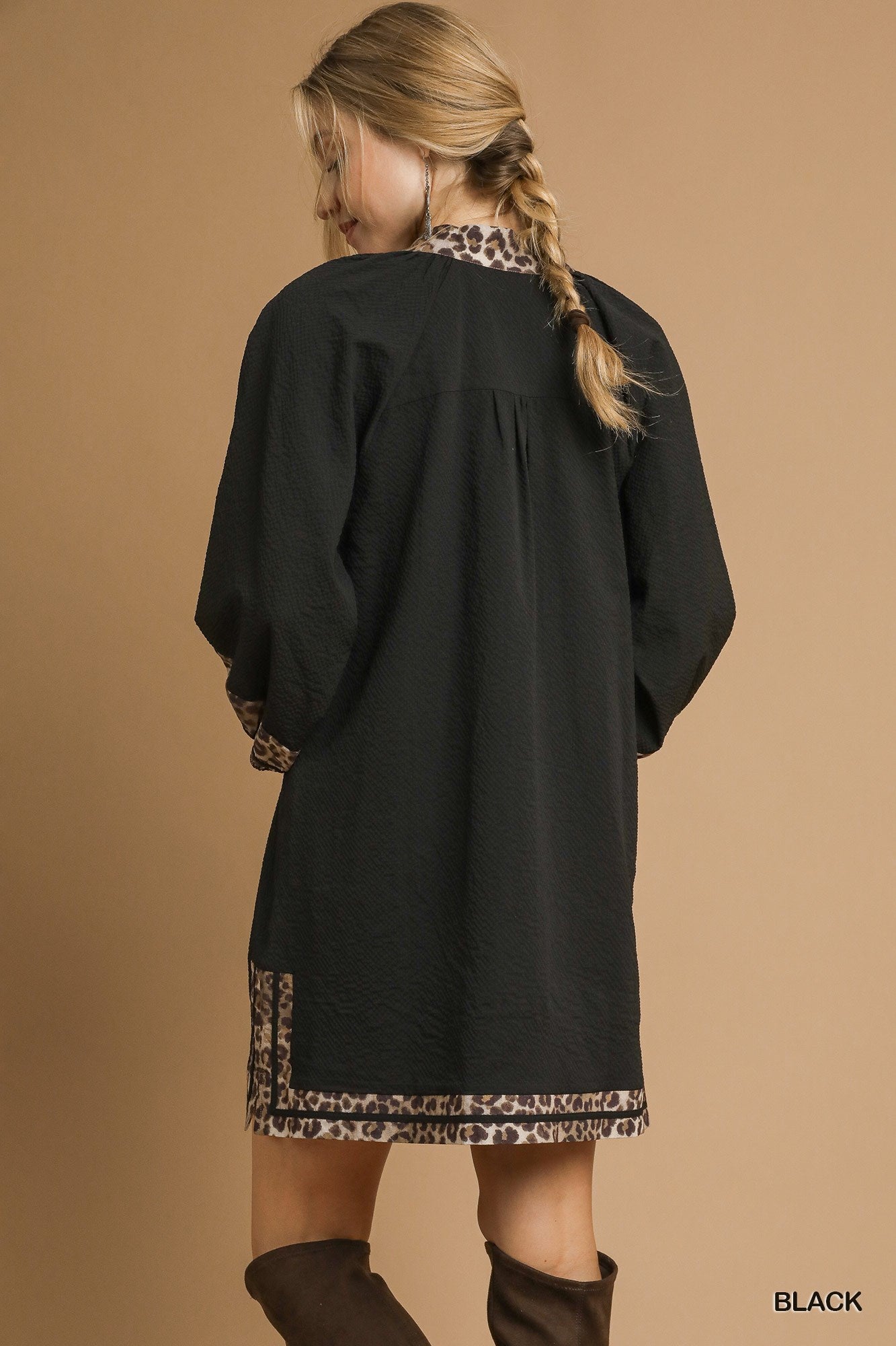 Textured Fabric Dress with Leopard Print Trim