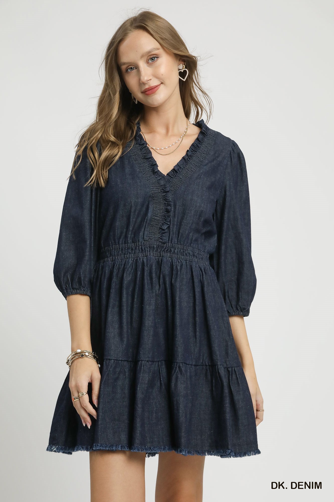 Jenn Denim Ruffle Trim Tiered Dress Small Jenn Denim Ruffle Trim Tiered Dress Small