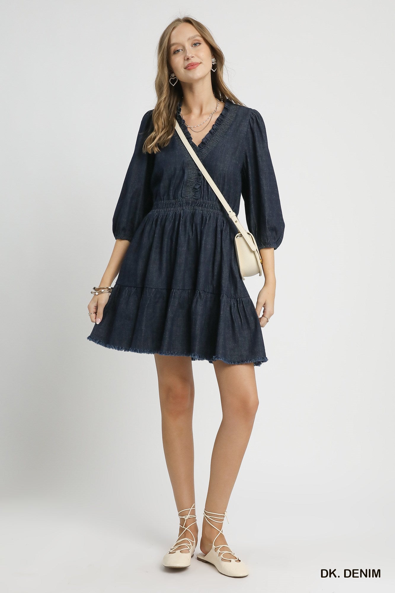 Jenn Denim Ruffle Trim Tiered Dress